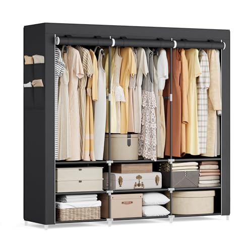 SONGMICS Stoffschrank, Kleiderschrank, 45 x 188 x 176 cm, 3 Hängefächer, mit Ablagen, 4 Seitentaschen, viel Platz, für Schlafzimmer, Wohnzimmer, schwarz RYG009B01 von SONGMICS