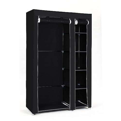 SONGMICS Kleiderschrank, Stoffschrank, Faltschrank mit Kleiderstange, Ablagen, Überzug, für Schlafzimmer, Garderobe, 110 x 45 x 175 cm, schwarz LSF007 von SONGMICS