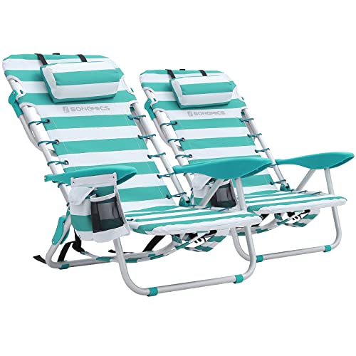 SONGMICS Strandstuhl, tragbar, 2 Stück, mit Abnehmbarer Kopfstütze, faltbar, Camping, Rückenlehne bis 180 °, mit Flaschenhalter, Tasche, grüne und weiße Streifen GCB62JW02 von SONGMICS
