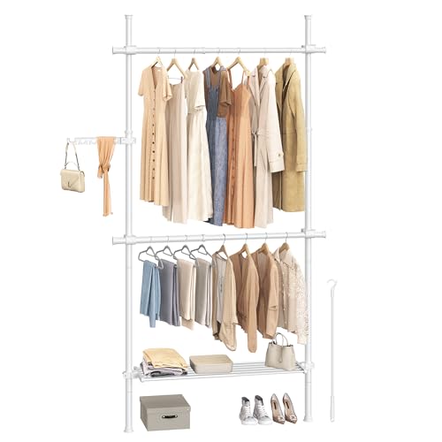 SONGMICS Teleskopstange Kleiderständer, 3-stufige Garderobe, höhen- und breitenverstellbar, offener Kleiderschrank mit 2 Kleiderstangen und abnehmbarer Ablage, Greifarm, mattweiß HSR136W01 von SONGMICS