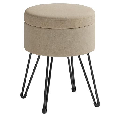 SONGMICS Sitzhocker, runder Hocker mit Stauraum, Aufbewahrungsbox mit Deckel, Schminkhocker, 39 x 44,1 cm (Ø x H), Metallbeine, gepolsterter Sitz, Wohnzimmer, Schlafzimmer, Kamelbraun LOM002K01 von SONGMICS