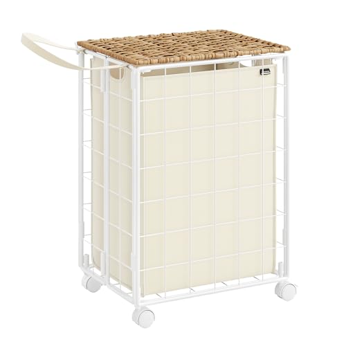 SONGMICS Wäschekorb, 90 L, faltbarer Wäschesammler mit Rollen, Wäschebox, Wäschewagen mit Deckel, Wäschesack herausnehmbar, 46 x 33 x 65 cm, naturbeige-cremeweiß LCB290N01 von SONGMICS