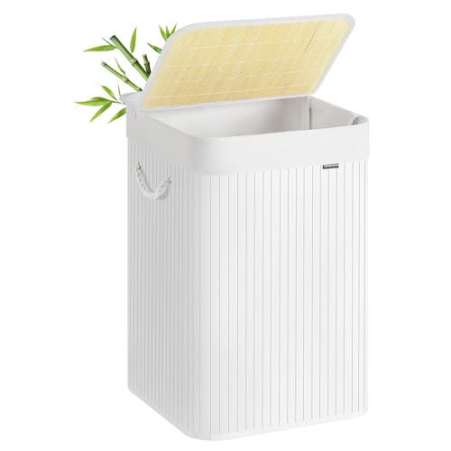 SONGMICS Wäschekorb, 95 L Wäschesammler mit Deckel, Wäschebox Bambus, mit Griffen, faltbar, Wäschesack herausnehmbar maschinenwaschbar, Waschküche, weiß LCB060W01 SONGMICS Wäschekorb, 95 L Wäschesammler mit Deckel, Wäschebox Bambus, mit Griffen, faltbar, Wäschesack herausnehmbar maschinenwaschbar, Waschküche, weiß LCB060W01 von SONGMICS
