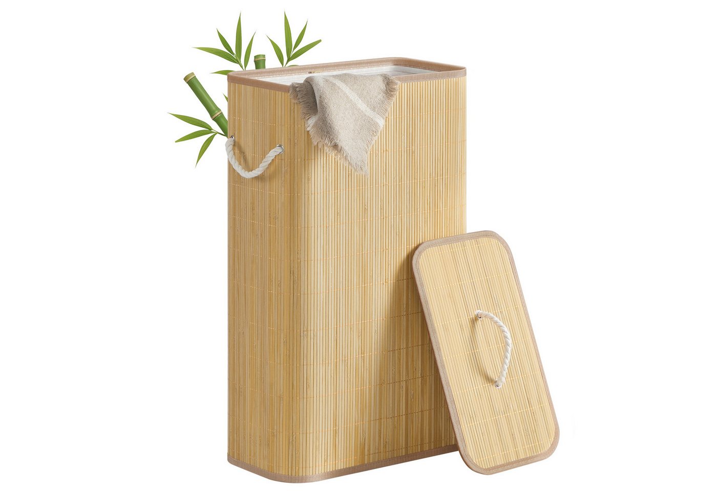 SONGMICS Wäschekorb, Wäschekorb mit Deckel, 60/90 L, Wäschesammler Bambus, faltbar von SONGMICS