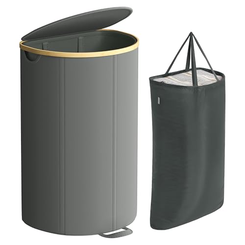 SONGMICS Wäschekorb, Wäschesammler, 90 Liter, Wäschetonne mit Deckel, Wäschesack herausnehmbar, für Waschküche, Schlafzimmer, Wohnzimmer, schiefergrau-naturbeige LCB547G01 von SONGMICS