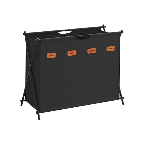 SONGMICS Wäschekorb, Wäschesammler 155 Liter, Wäschebox, 4 Fächer, klappbares X-Gestell, individuelle Etiketten, für Waschküche, Schlafzimmer, Badezimmer, tintenschwarz LCB140B01 von SONGMICS
