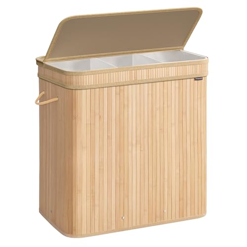 SONGMICS Wäschekorb mit Deckel, Wäschesammler Bambus, Wäschesack herausnehmbar und maschinenwaschbar, mit Griffen, 150 Liter, für Waschküche, Schlafzimmer, Wohnzimmer, naturbeige LCB062N01 von SONGMICS