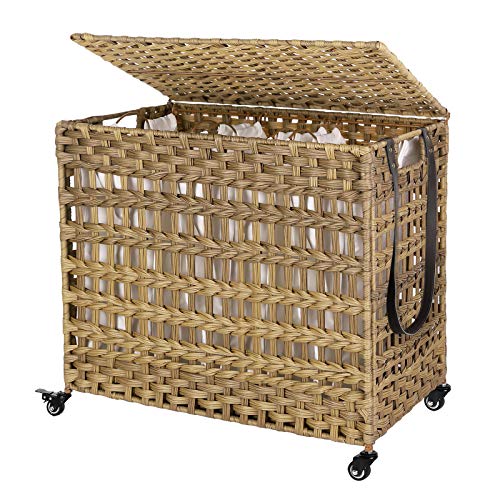 SONGMICS Wäschesammler mit Deckel, 140L Synthetisches Rattan Wäschekorb mit Rollen, Wäschekorb mit 3 herausnehmbaren Auskleidungstaschen, 3-teilige Körbe mit Griffen, Waschküche, Natur ULCB083N01 SONGMICS Wäschesammler mit Deckel, 140L Synthetisches Rattan Wäschekorb mit Rollen, Wäschekorb mit 3 herausnehmbaren Auskleidungstaschen, 3-teilige Körbe mit Griffen, Waschküche, Natur ULCB083N01 von SONGMICS