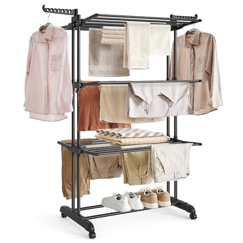 SONGMICS Wäscheständer, Standtrockner 4 Ebenen, Flügelwäscheständer, klappbare Flügel, mit Rollen, 63,5 x 128 x 173 cm, groß, einfacher Aufbau, für Innen- und Außenbereich, tintenschwarz LLR701B01 SONGMICS Wäscheständer, Standtrockner 4 Ebenen, Flügelwäscheständer, klappbare Flügel, mit Rollen, 63,5 x 128 x 173 cm, groß, einfacher Aufbau, für Innen- und Außenbereich, tintenschwarz LLR701B01 von SONGMICS