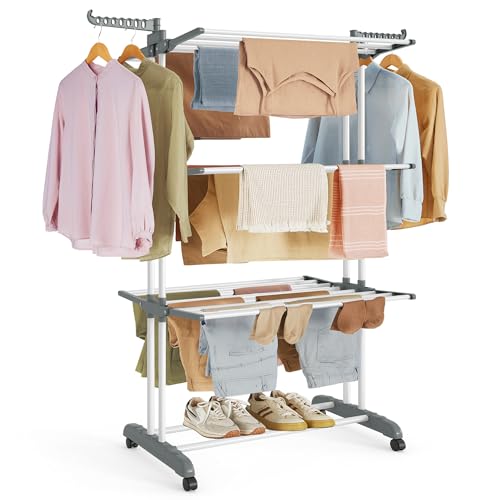 SONGMICS Wäscheständer, Standtrockner 4 Ebenen, Flügelwäscheständer, klappbare Flügel, mit Rollen, 63,5 x 128 x 173 cm, groß, einfacher Aufbau, für Innen- und Außenbereich, weiß LLR701W01 SONGMICS Wäscheständer, Standtrockner 4 Ebenen, Flügelwäscheständer, klappbare Flügel, mit Rollen, 63,5 x 128 x 173 cm, groß, einfacher Aufbau, für Innen- und Außenbereich, weiß LLR701W01 von SONGMICS