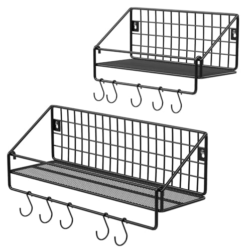 SONGMICS Wandregal Industrial Style aus Metall, Traglast 15 kg/Regal, 2 Stück, mit 10 Haken, für Schlafzimmer, Wohnzimmer, Küche, 30 x 12 x 13 cm, 40 x 12 x 13 cm, Schwarz LFS02BK von SONGMICS