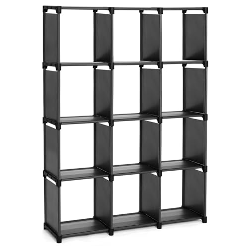 SONGMICS Aufbewahrungseimer, Bücherregal mit 12 Fächern, modularer Schrank, für Wohnzimmer, Schlafzimmer, Badezimmer, 105 x 30 x 140 cm, Gummihammer inklusive, Schwarz LSN12BK von SONGMICS