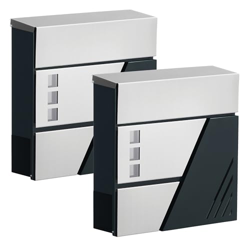 SONGMICS XXL Briefkasten, 2er Set, Wandbriefkasten mit Sichtfenster, für Haustür, mit Schloss und Schlüsseln, silbern-anthrazit GMB053G20 von SONGMICS