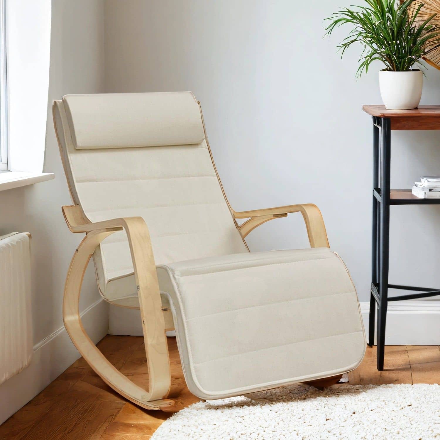 Schaukelstuhl LYYB3510 – Birke & Stoff Grau-Beige 67×115×91 cm von SONGMICS