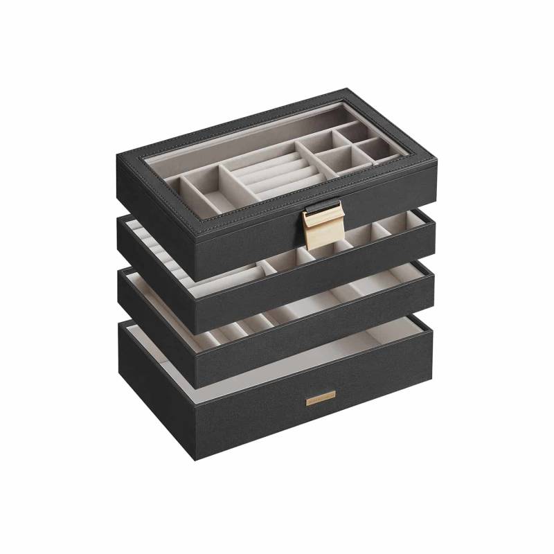 Schmuckkästchen 4 Ebenen mit Glasdeckel Geschenkidee schwarz von SONGMICS