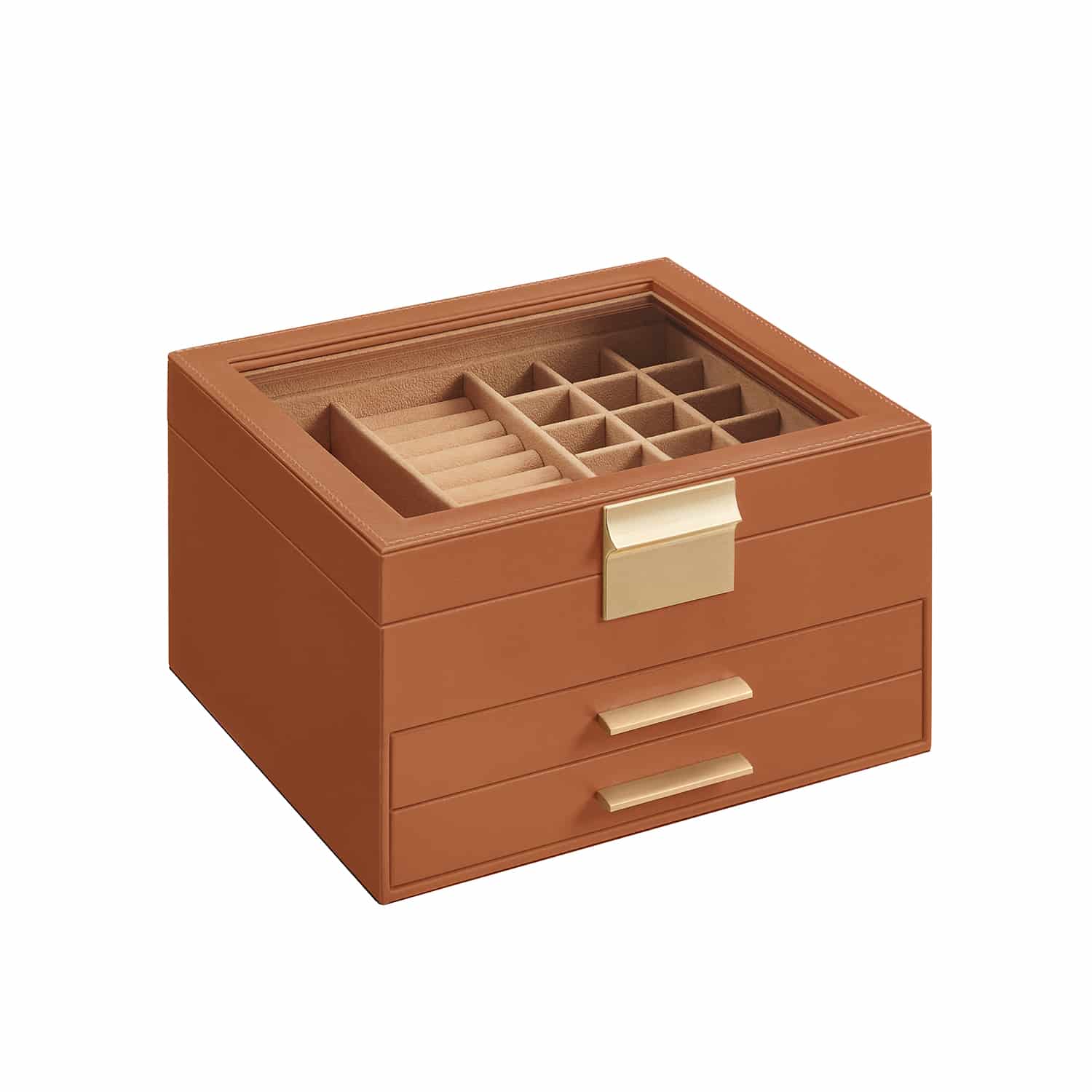 Schmuckkasten mit 3 Ebenen modern karamellbraun-golden von SONGMICS