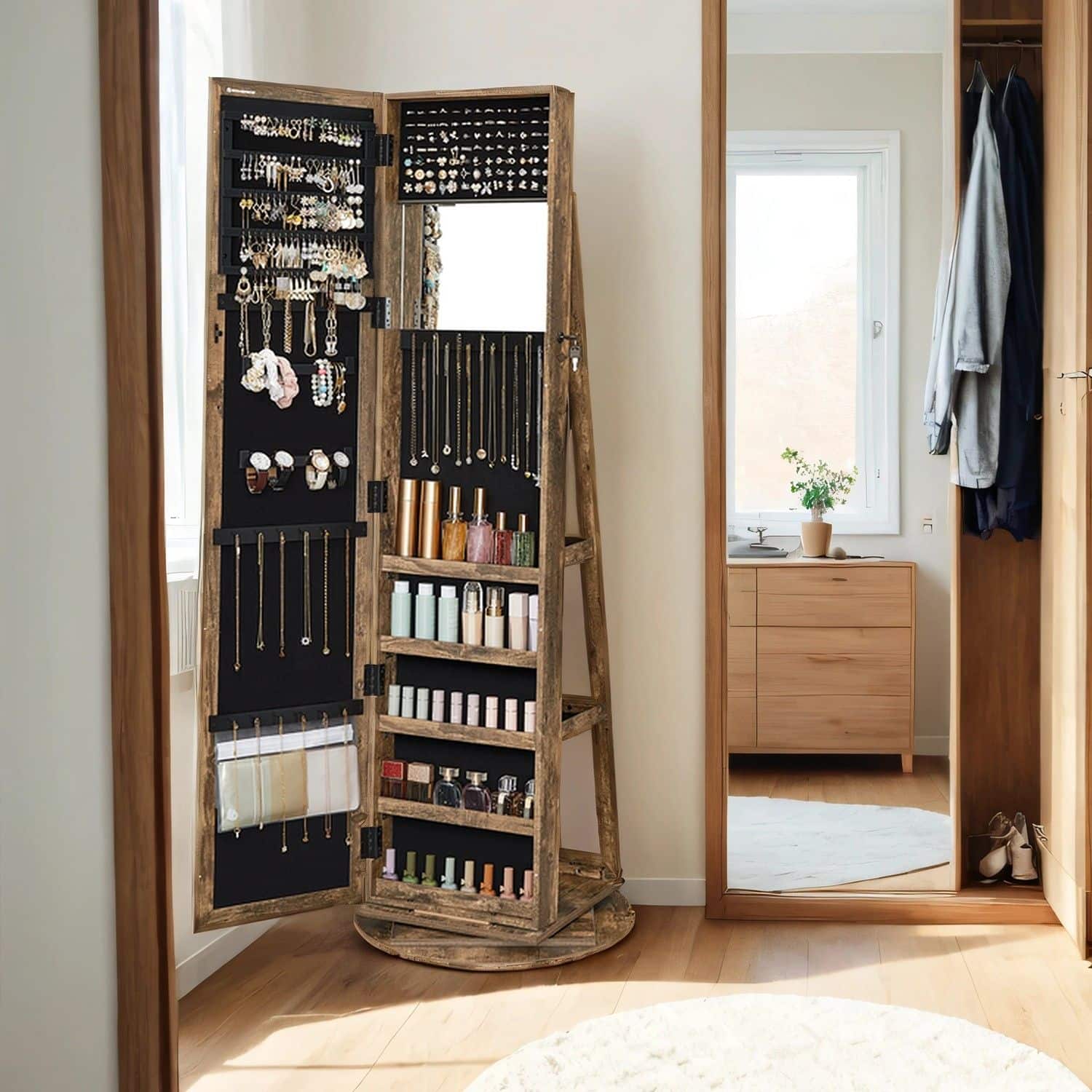 Schmuckschrank mit Spiegel, 360° drehbarer Spiegelschrank, abschließbar Schmuckschrank mit Spiegel, 360° drehbarer Spiegelschrank, abschließbar von SONGMICS