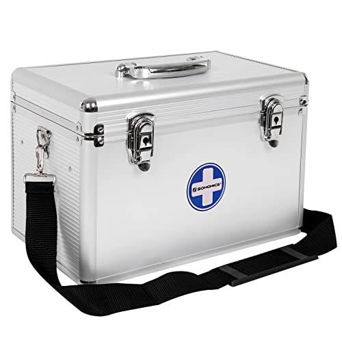 SONGMICS Erste Hilfe Koffer Medizin-Box Aufbewahrungsbox Medikamentenbox Arzneimittel-Box Medizinbehälter mit Tragegriff Tragegurt Aluleisten ABS silbrig JBC362S von SONGMICS
