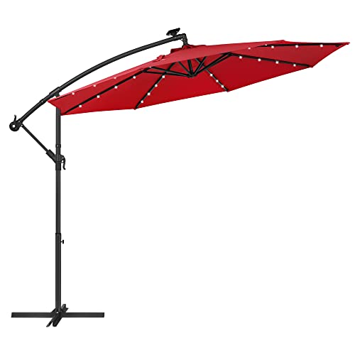 Songmics Sonnenschirm Mit Led-Solar-Beleuchtung, Ampelschirm 300 Cm, 32 Led-Lämpchen, Mit Ständer, Sonnenschutz Balkon, Balkonschirm, Upf 50 und mehr, Mit Kurbel, Für Terrasse, Garten, Rot Gpu018R01 von SONGMICS