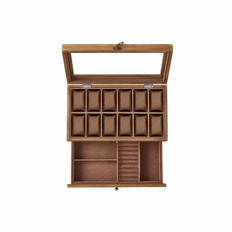 Uhrenbox mit 12 Fächern aus Massivholz walnussfarben von SONGMICS
