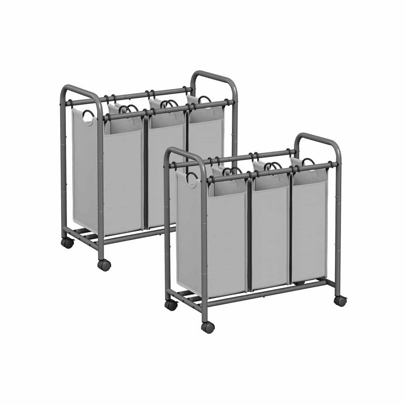 Wäschekorb 3 Fächer, 2er Set, Wäschesammler mit Rollen, grau von SONGMICS