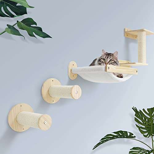 SONGWAY Kletterwand Katzen Katzentreppe Wandmontage - 4-teilig Katzen Kletterwand Set mit Katzen Hängematte und Sisalsäule, Wandliege Katzen, Kratzbaum Wand, Katzen kratzmöbel, Beige von SONGWAY