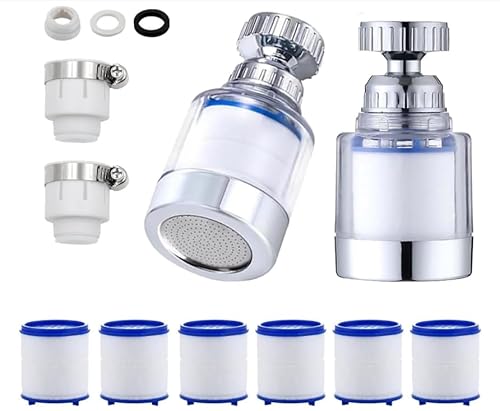2 Stück Wasserfilter Wasserhahn, 360° Filter Wasserhahn, Wasserhahn Filter für Trinkwasser, Water Filter Tap, Wasserfilter für Wasserhahn Mit 7 Stück PP-Baumwolle Filterelement Und Universaladapter von SONGWEITEC