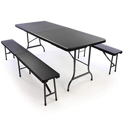 SONLEX Campinggarnitur Bierzelt-Garnitur klappbar 1 Tisch 2 Bänke schwarz Rattan-Optik 180 cm wetterfest Gartengarnitur Set Partygarnitur von SONLEX
