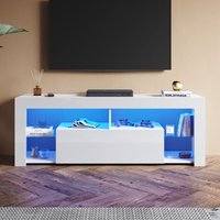 Modern tv Schrank mit LED-Lichtern, Offenes Glasregal und Herunterklappbarem Türfach, Geeignet für Wohnzimmer und Schlafzimmer, Weiß, 1400 x 350 x von SONNI
