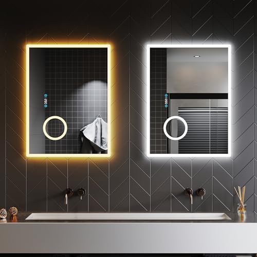 SONNI 80x60 cm Badspiegel mit Beleuchtung Kaltweiß/Neutralweiß/Warmweiß Light LED Badspiegel mit Touch-Schalter, 3-fache Vergrößerung, Uhr, Temperatur multifunktionell Wandspiegel von SONNI