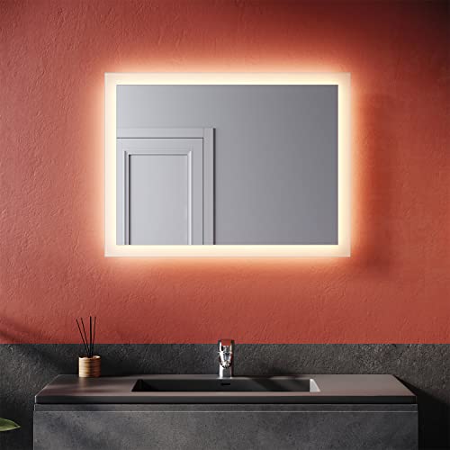 SONNI LED Badspiegel mit Beleuchtung 80×60 cm, LED Badezimmer Lichtspiegel, Warmweiß Badezimmerspiegel, Wandspiegel durch Wand-Schalter IP44 wasserdicht von SONNI