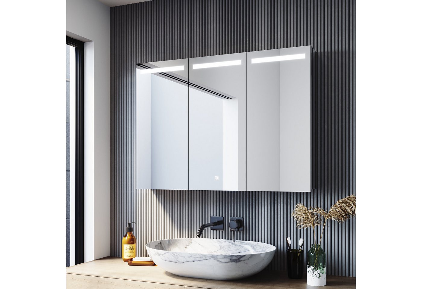 SONNI Badezimmerspiegelschrank Edelstahl Spiegelschrank 3-türig mit LED Beleuchtung Bad 90x65x13cm mit Steckdose und Touchschalter Kalt/Warm/Neutral Licht, dimmbar von SONNI