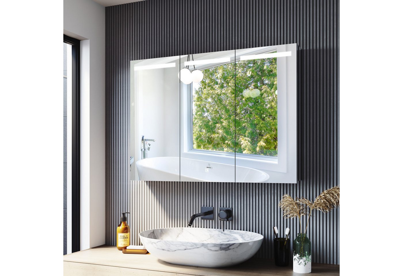 SONNI Badezimmerspiegelschrank Edelstahl Spiegelschrank 3-türig mit LED Beleuchtung Bad 90x65x13cm mit Steckdose und Touchschalter Kalt/Warm/Neutral Licht, dimmbar von SONNI