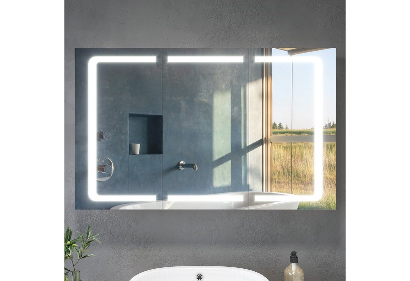 SONNI Badezimmerspiegelschrank LED Spiegelschrank 3-türig Badezimmerspiegel mit Beleuchtung Steckdose, Badschrank von SONNI