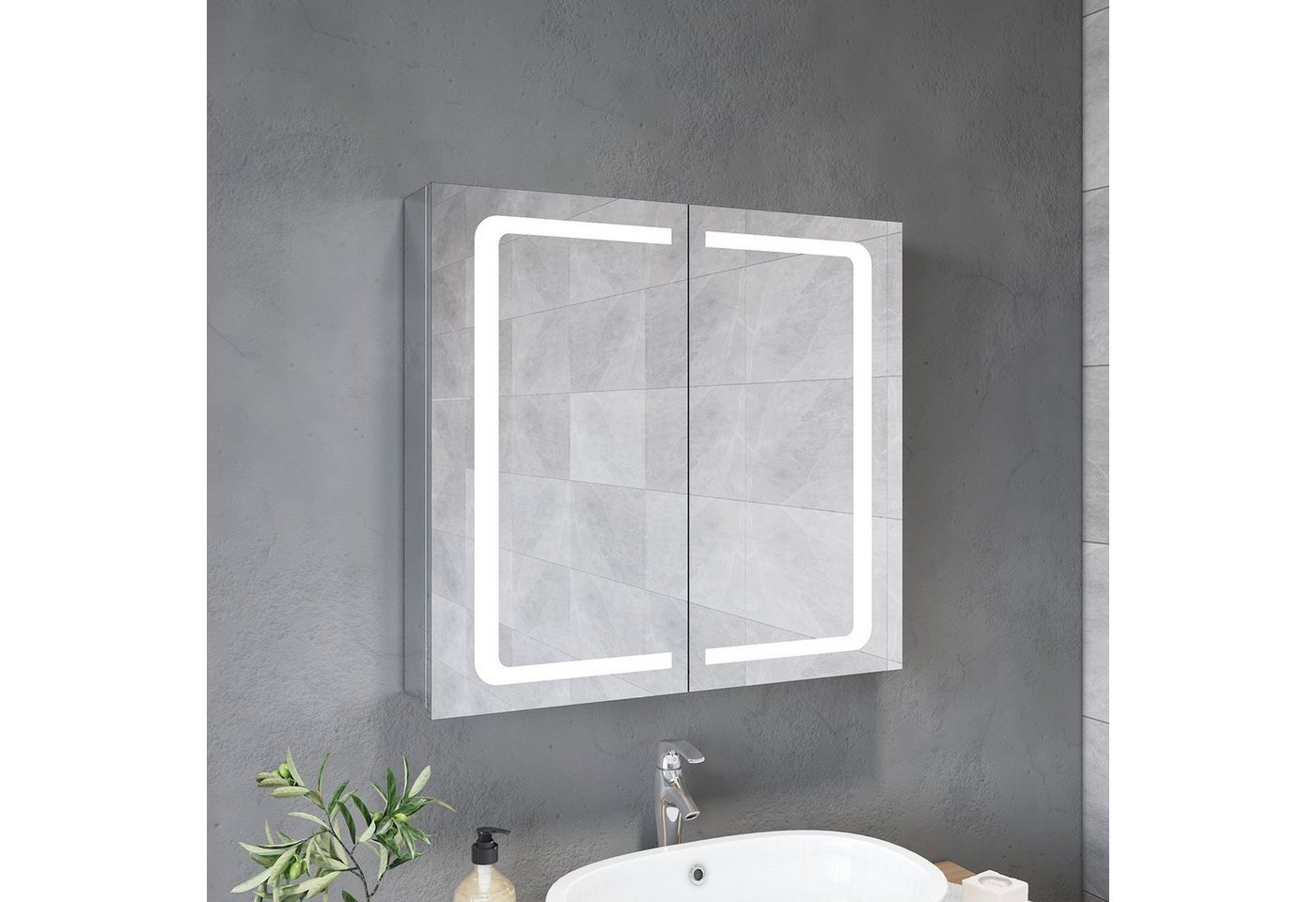 SONNI Badezimmerspiegelschrank Spiegelschrank 2-türig Bad LED Beleuchtung Badspiegel 70cm Breite Steckdose, Badschrank, Badezimmerspiegelschrank von SONNI