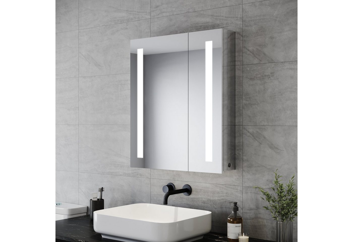 SONNI Badezimmerspiegelschrank spiegelschrank mit LED beleuchtung bad 60 cm breit 2-türig Edelstahl mit Kippschalter, Steckdose, verstellbare Einlegeböden, IP44 von SONNI