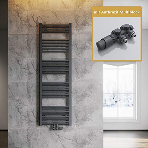 SONNI Badheizkörper 1600x500mm Handtuchtrockner Anthrazit 802 Watt Design Hantuchwärmer Heizung Mittelanschluss mit Anthrazit Multiblock Thermostat von SONNI