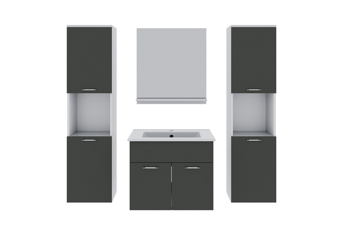 SONNI Badmöbel-Set mit Waschbecken,Unterschrank und Spiegel Badezimmermöbel, mit Hochschrank 4-teilig 60cm Hochglanz Grau/Weiß für kleine Bäder von SONNI