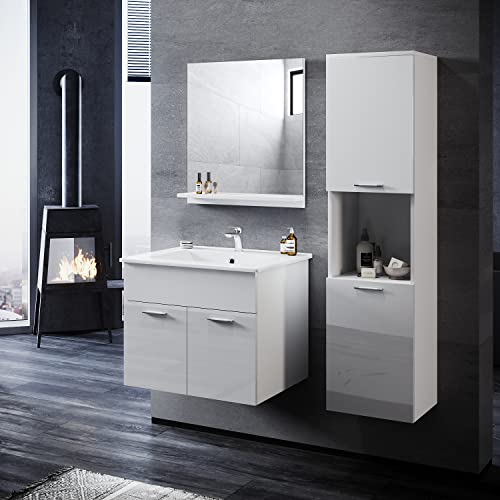 SONNI Badmöbel Set mit Waschbecken mit Unterschrank und Spiegel Badezimmermöbel mit Hochschrank 3-teilig 60cm Hochglanz weiß für kleine Bäder von SONNI