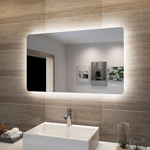 SONNI Badspiegel 100 x 60cm Badspiegel mit LED-Beleuchtung beschlagfrei Lichtspiegel IP44 LED Spiegel Wandspiegel mit Touch-Schalter Kaltweiß/Neutralweiß/Warmweiß von SONNI