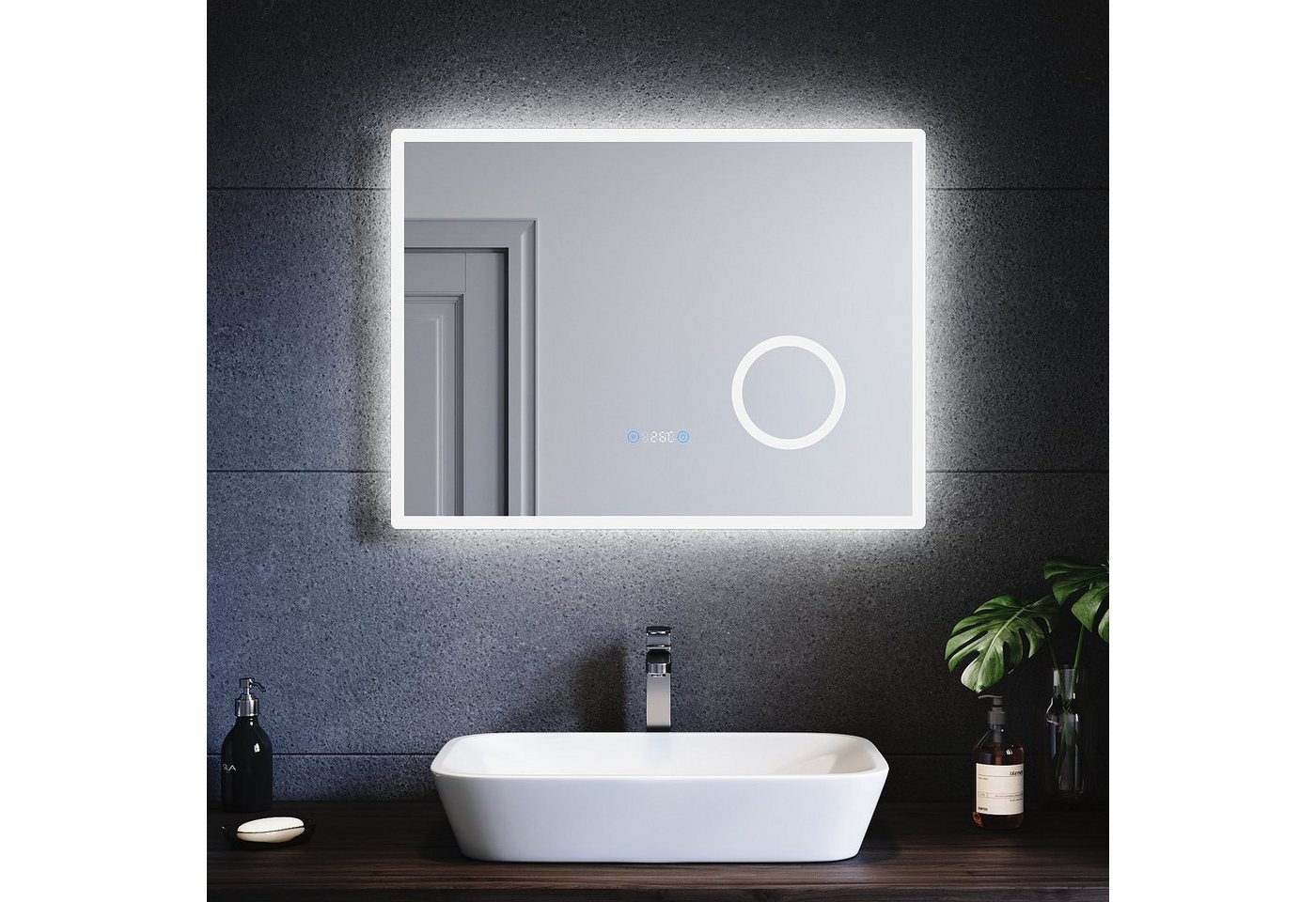 SONNI Badspiegel Badspiegel mit Beleuchtung kaltweiß, 3-facher Vergrößerung, Touch, Uhr, Temperatur, Beschlagfrei, Helligkeit einstellbar, Badezimmer, IP44 von SONNI