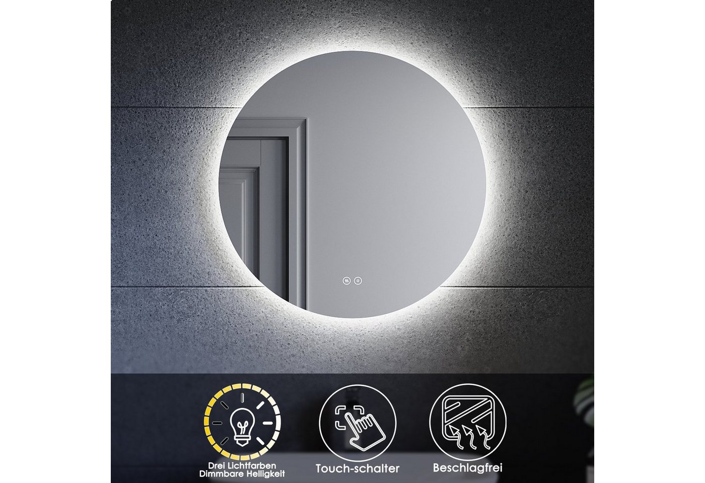 SONNI Badspiegel Rund Badezimmerspiegel mit Beleuchtung, Ø 80 cm / Ø 60 cm, Beschlagfrei-Funktion, LED, Touchschalter, Energiesparend von SONNI