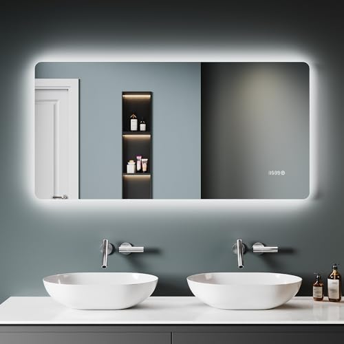 SONNI Badspiegel mit Beleuchtung 120×60 cm, 3 einstellbare Lichtfarben, Anti-Beschlag Badezimmerspiegel mit Uhr und Temperaturanzeige, LED Badspiegel mit Touchschalter Wandspiegel SONNI Badspiegel mit Beleuchtung 120×60 cm, 3 einstellbare Lichtfarben, Anti-Beschlag Badezimmerspiegel mit Uhr und Temperaturanzeige, LED Badspiegel mit Touchschalter Wandspiegel von SONNI