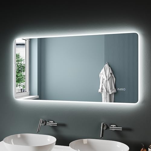 SONNI Badspiegel mit Beleuchtung 120×60 cm Badezimmerspiegel mit Beleuchtung und Uhr Temperaturanzeige LED Badspiegel mit Touchschalter Wandspiegel von SONNI