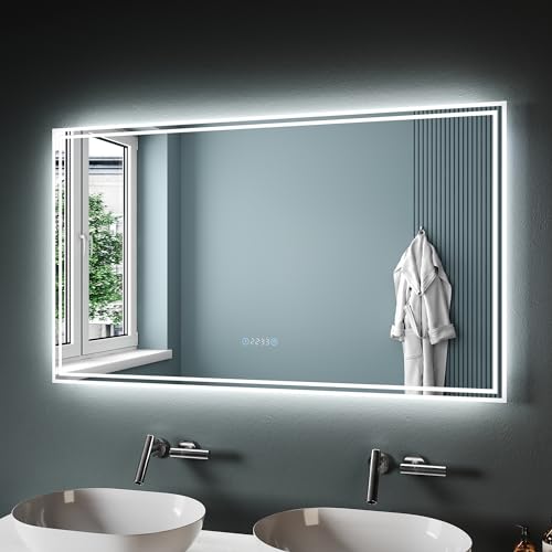 SONNI Badspiegel mit Beleuchtung 120x70 cm, Anti-Beschlag LED Badezimmer Lichtspiegel, LED Spiegel mit 5.0 Bluetooth und Uhr zeig, Wandspiegel Badezimmerspiegel Kaltweiß mit 2 Touchschalter von SONNI