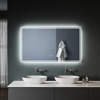 SONNI Badspiegel mit Beleuchtung 120x70 cm, Anti-Beschlag LED Badezimmer Lichtspiegel, LED Spiegel mit 5.0 Bluetooth und Uhr zeig, Wandspiegel Badezimmerspiegel Kaltweiß mit 2 Touchschalter von SONNI