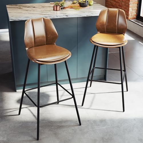 SONNI Barhocker 2er Set, Barstühle, Küchenstühle mit Rückenlehne und Fußstütze, robuster Metallrahmen, gemütliche PU weiche Sitzfläche, für Bar, Küche, Esszimmer, Sitzhöhe 102 cm, Braun von SONNI