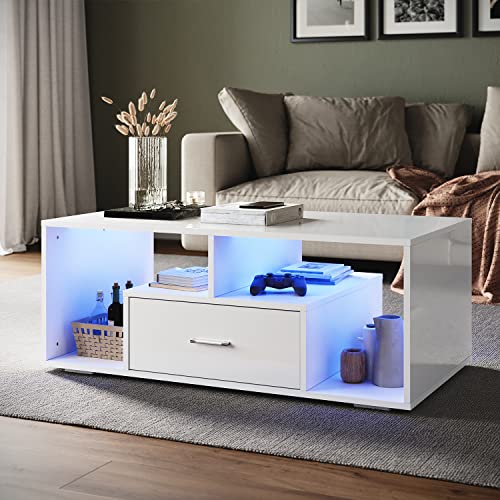 SONNI Couchtisch Kaffeetisch mit Ablagefach Schubladen und LED verstellbaren Leuchten in 12-Farben erhältlich, Sofatisch Beistelltisch, Weiß, Hochglanzfront, 100(W)*55(D)*40(H) cm von SONNI