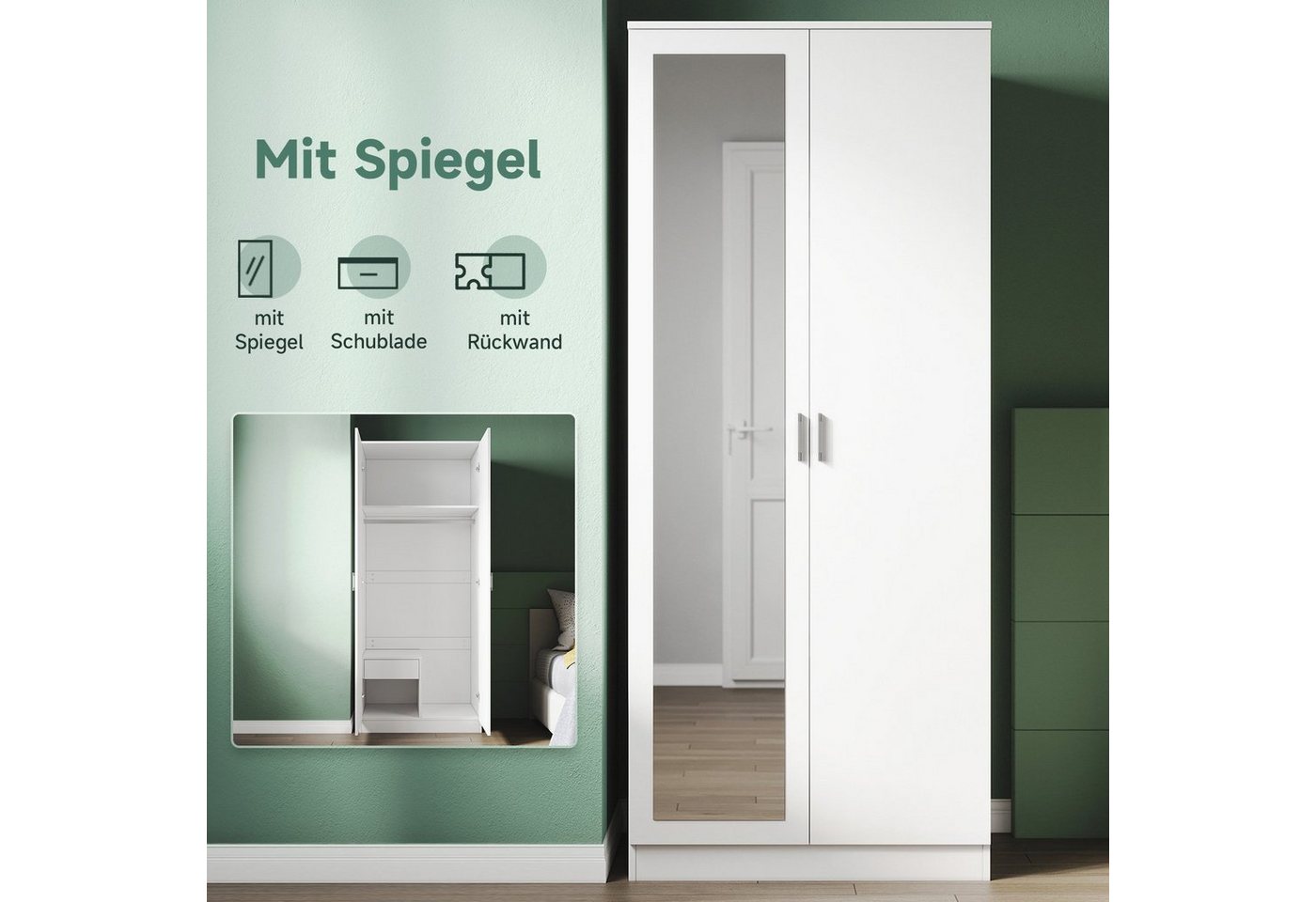 SONNI Drehtürenschrank Kleiderschrank 76x47x180cm mit spiegel und schubladen,hochglanz weiss von SONNI