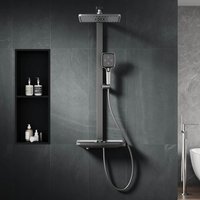 SONNI Duschsystem mit Thermostat (KTW/WRAS) Anthrazit Matt - Digital Temperaturanzeige, 360° Drehbarer Eckiger Kopfbrause (1 Strahlart), Handbrause (3 Strahlarten), Brausestange aus Vierkantrohr, 38°C von SONNI